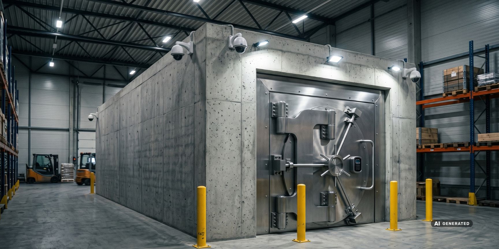 Raum-im-Raum-Tresor in einer Logistikimmobilie: Massive Wände und Überwachungstechnik schützen teure Langzeitbestände, bedingt durch die LOFO-Strategie.